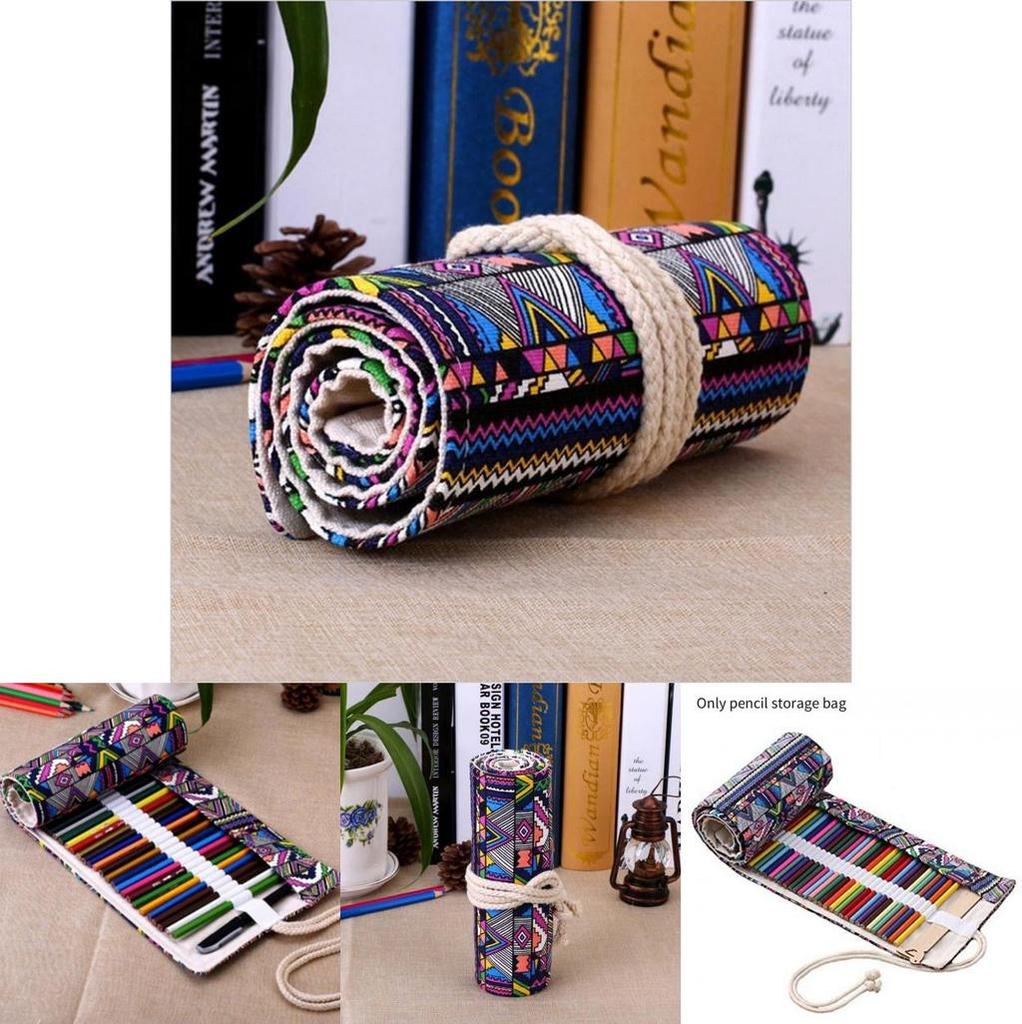Ethnic Style Colored Geometric Pattern Pencil Canvas Storage Bag For Artists And Students