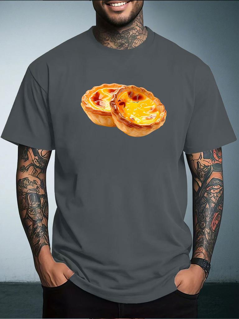 Unisex Summer White Short Sleeve Tee Realistic Egg Tarts Food Graphic Print Crew Neck Loose Daily Casual Male Streetwear Tops