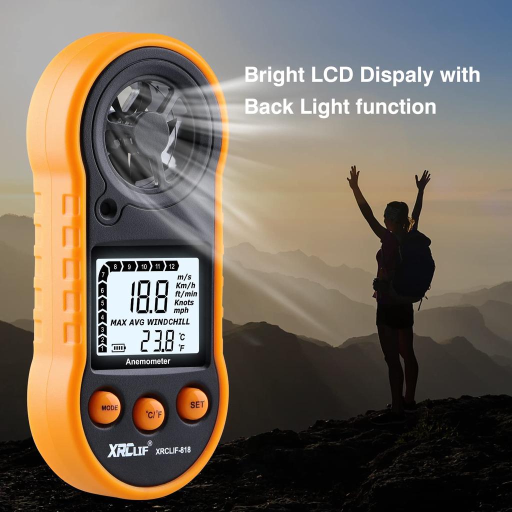 Digital Handheld Wind Speed Meter for Measuring Wind and for and More Anemometer, Chill, Temperature, Velocity, Yellow, Windsurfing, Fishing,