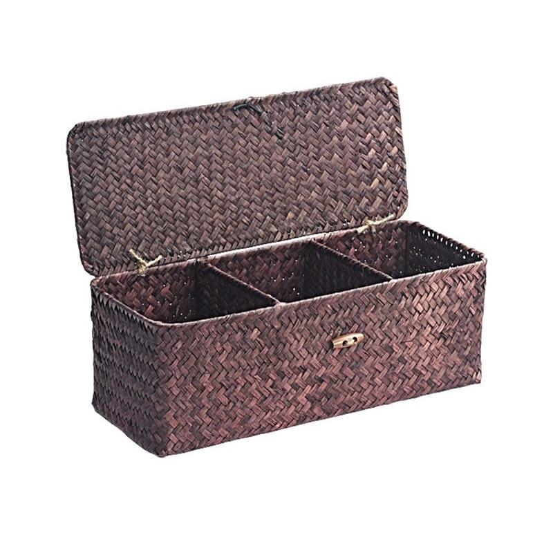 3 Grid Handmade Rattan Storage Box Straw Desktop Tea Set Storage Baskets with Cover Vintage Jewelry Storage Case for Decor