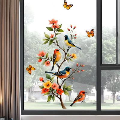 Sticker Branche d'arbre Oiseau Papillon Adhésif Vitre Papillon Décalcomanie Porte en Verre Décoration Maison Réfrigérateur Sticker Électrostatique