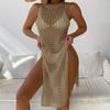 Elegant New O-neck Sleeveless See Through Women Knitted Dress Fashion Hollow Out Summer Vacation Sexy Dresses High Slit Beach Sunscreen Covers