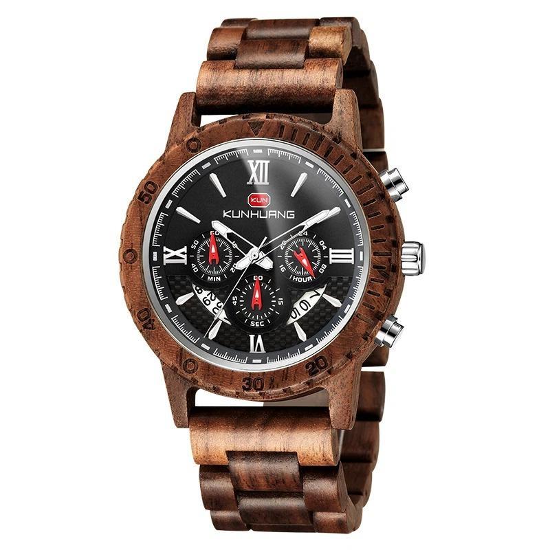 Men Natural Walnut Wood Watch Multifunctional Chronograph Quartz Wristwatch Roman Numeral Dial Sport Wooden Band Watch