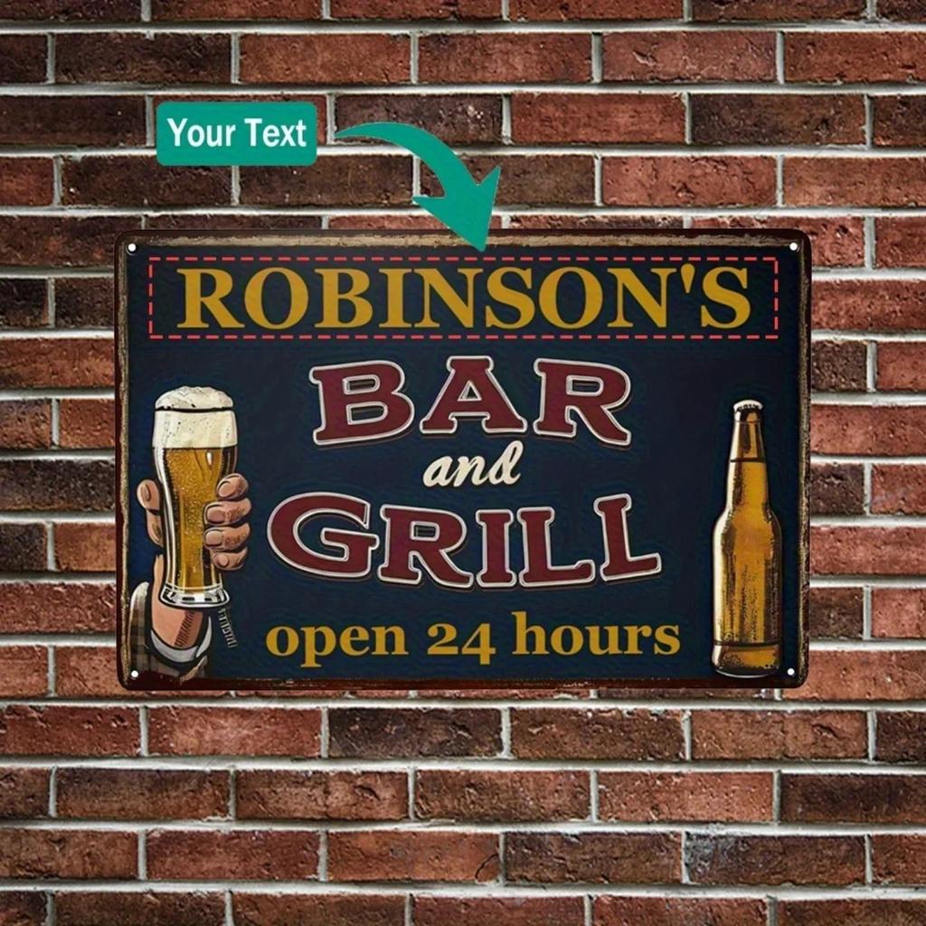 Personalized Aluminum Bar & Grill Sign 20x30cm Custom Text Logo Metal Plaque Man Cave Pub Wall Decor for Home Bar Restaurant