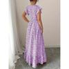 Summer Floral Printed Long Dress with Ruffled Short Sleeved V-neck Fashion Big Swing A-line Holiday Party Dress Elastic Waist Loose Casual Clothing