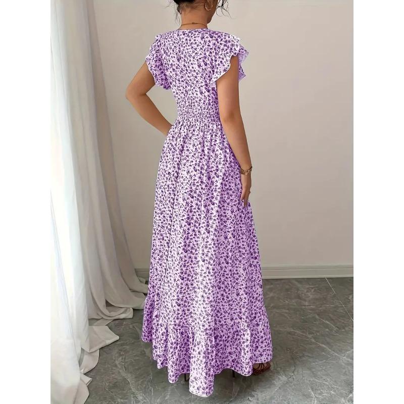 Summer Floral Printed Long Dress with Ruffled Short Sleeved V-neck Fashion Big Swing A-line Holiday Party Dress Elastic Waist Loose Casual Clothing