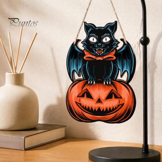 Festive Wooden Wall Hanging Halloween Door Sign, Black Cat Bat Pumpkin Plaque with Indoor Outdoor Holiday Ornament Jute Rope, Farmhouse Front
