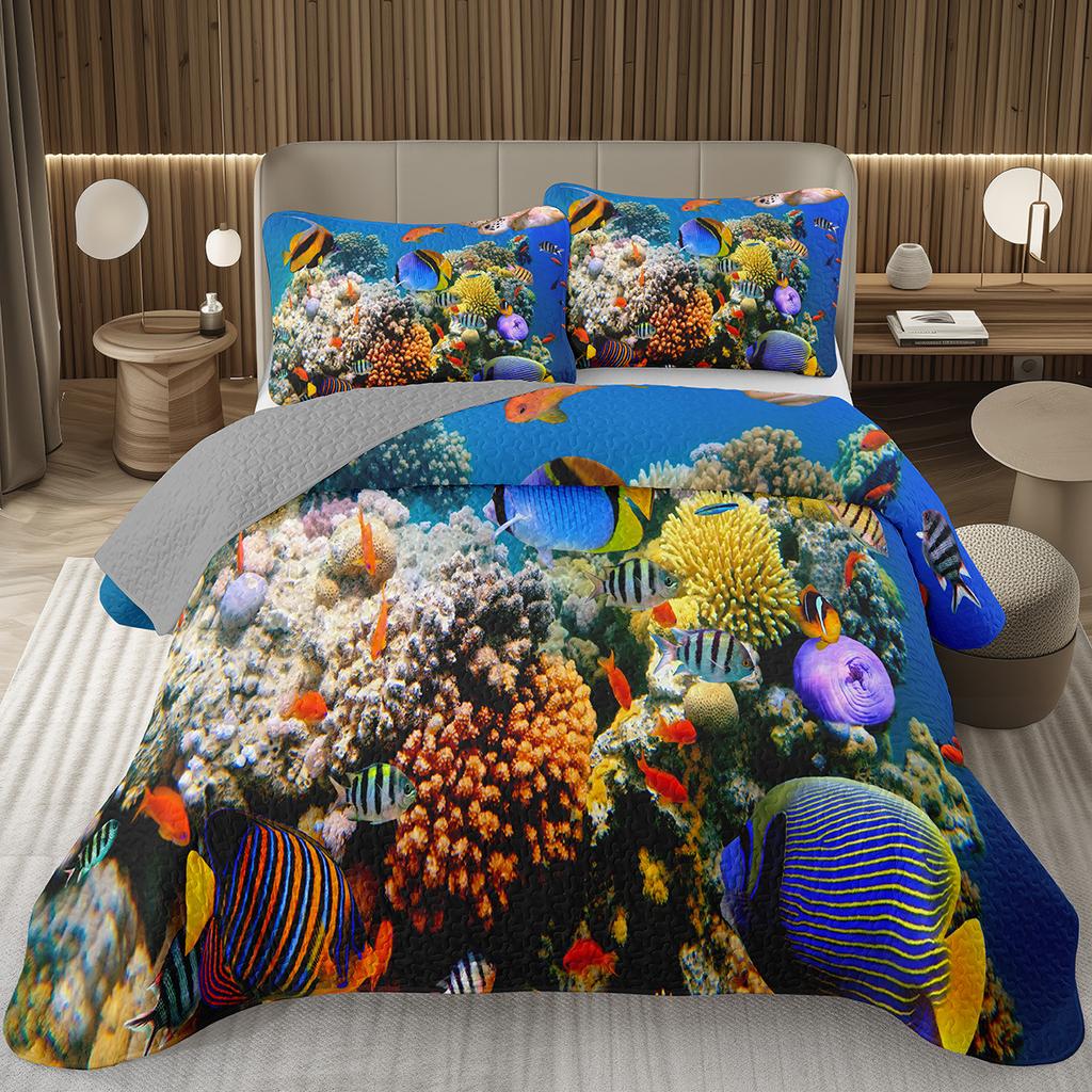 Fish Bedspread Twin Queen Ocean Marine Theme Coverlet Set for Boys Girls Teens Room Soft Lightweight Sea Animal Quilted Bedding