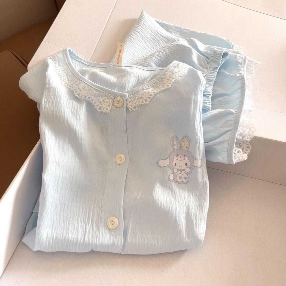 

New blue jade cinnamon dog pajamas women s summer short-sleeved shorts lace suit can be worn outside loungewear S