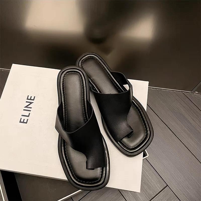 Cowhide Flip-flop Lady Summer New Solid Color Square Toe Modern Slippers Women Outdoor Shoes Korean Chic Low Heel Slides Female