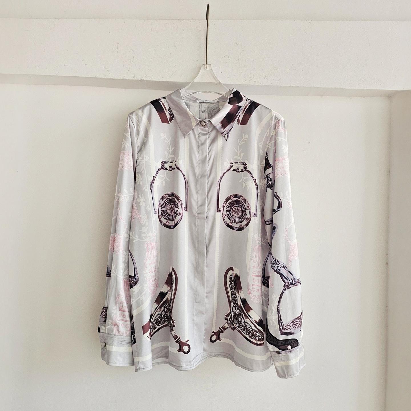 French light luxury old money style H home positioning printed silk shirt women s early spring lapel foreign-style celebrity shirt S серый