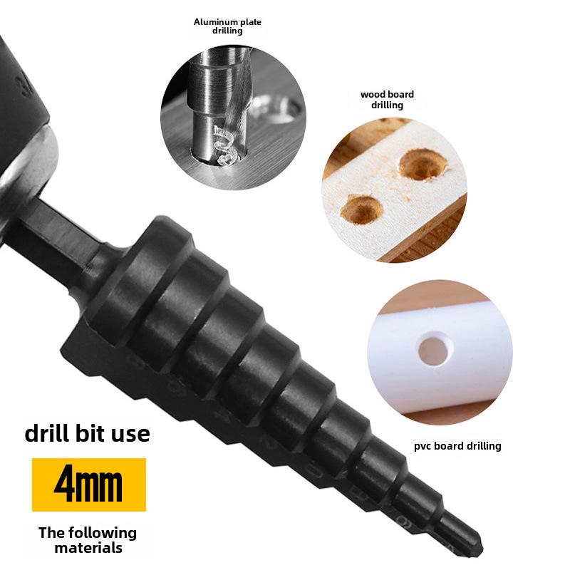High-Speed Steel Step Drill Set with Nitrided Black Hexagonal Handle, Straight Groove, 3-12mm, 4-12mm, 4-20mm Sizes - Pagoda Drill Opener