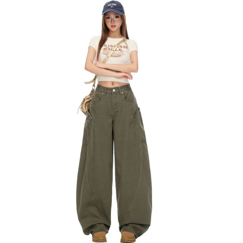 Army Green American Retro Design Big Pocket Scimitar Jeans Women's Summer and Autumn New Mopping Wide-leg Pants