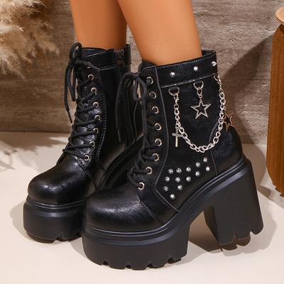 Women'S Gothic Platform Boots Punk Chunky High Heel Ankle Boots Rivet Chain Decor Black Motorcycle Booties Woman Fashion Shoes