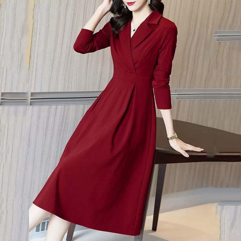 Podzimní Zimní Oblekové Šaty Ženy Klopový Jednobarevný Zip Korzet Vintage Temperament Módní Dlouhý Rukáv Středně dlouhé A-Line Šaty