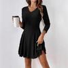 2025 Spring Autumn Knitted V-neck Long Sleeve Sweater Dress Elegant Slim Fit Women Casual Simple A-line Short Dress Fashion Solid Color Party Clothing
