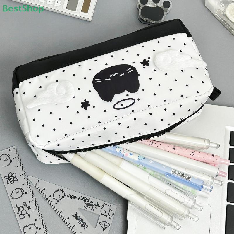 Black Polka-Dot Angel Cat Pencil Case,Large-Capacity Student Stationery Organizer