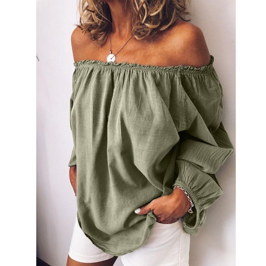 Autumn Wish One-Sleeve Elastic Waist Pleated Wrinkle Cotton Linen Solid Color Long Sleeve Women's Shirt
