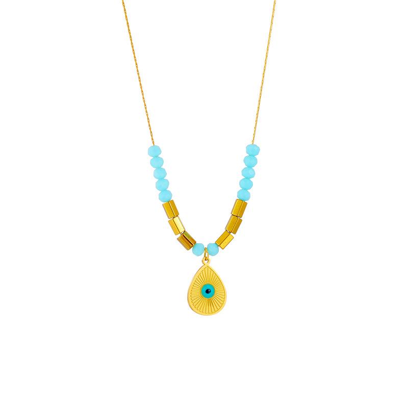 Gold Plated Evil Eye Teardrop Pendant Necklace, Stainless Steel Amazonite Beaded Choker, Waterproof Boho Jewelry for Women Gift