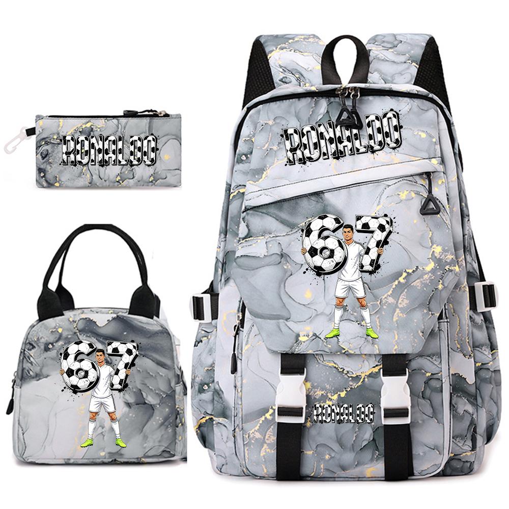 Ensemble Sac à Dos Étudiant Impression Cr7 Ronaldo 67 avec Sac à Lunch Trousse à Crayons Sac à Dos Journée Scolaire Voyage pour Adolescentes