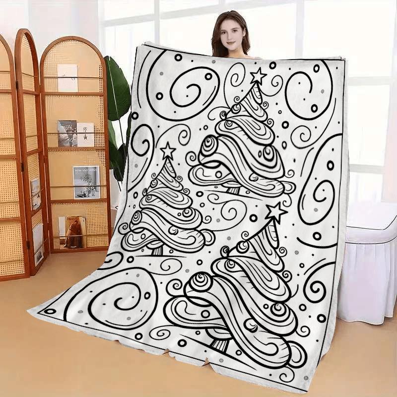 Healing-Style Hand-Painted Christmas Tree Coloring Flannel Blanket, Creative Black And White Line Art Printed Throw Blanket, Warm Blanket for Home Liv