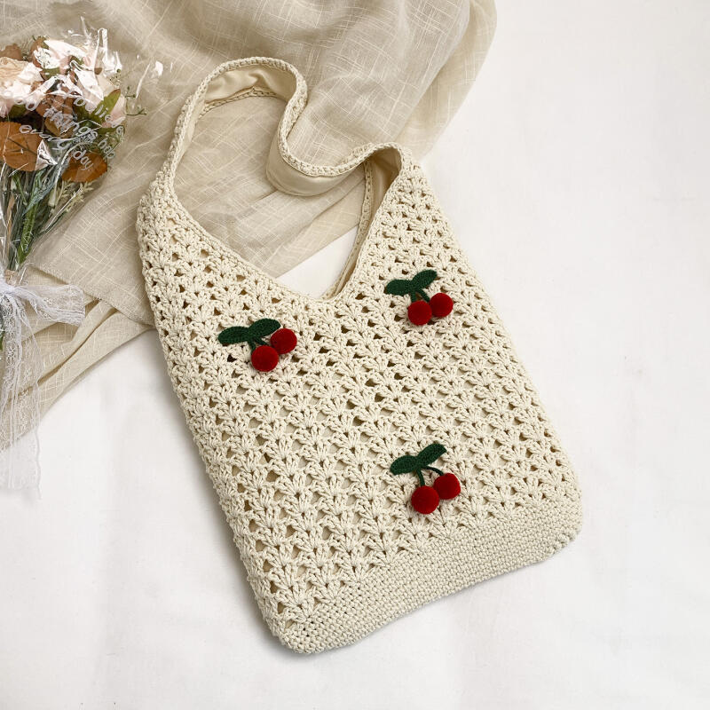 Charming Crochet Tote Bag with Cherry Embellishments – Handmade Summer Beach Bag for Women