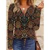 Retro Ethnic Style Half-zip V-neck Long-sleeved Tops with Multi-color Exotic Prints Slim Fit Commuting Versatile Women's T-shirts