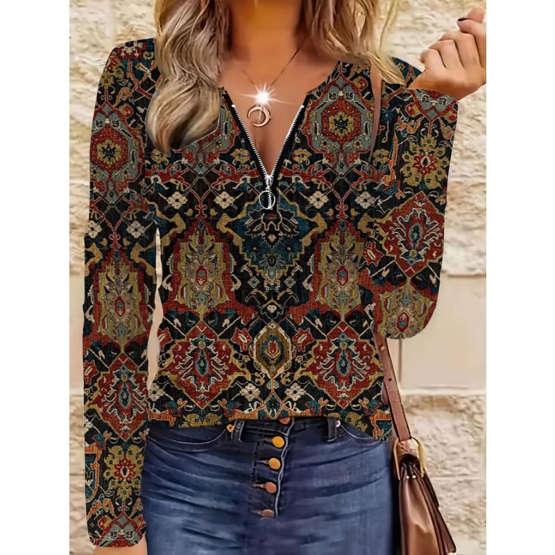 Retro Ethnic Style Half-zip V-neck Long-sleeved Tops with Multi-color Exotic Prints Slim Fit Commuting Versatile Women's T-shirts