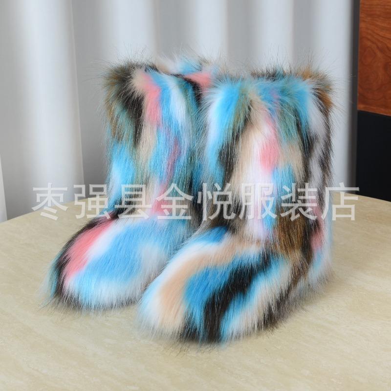 Fox Fur Snow Boots Autumn and Winter Warm and Cold Thickened Medium Tube Imitation Fur Boots Fashion Wool Boots