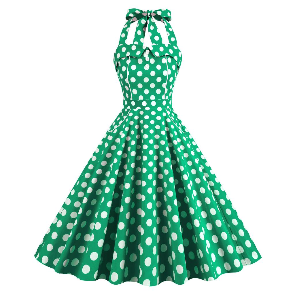 Retro colour-block polka dot halter-neck performance dress with tie-up detail – perfect for photo shoots, picnics and special occasions