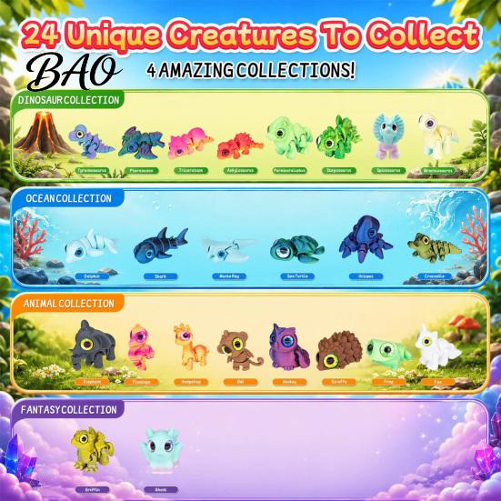 Winter Holiday Activities 3D Printed Animal Advent Calendar, 24-Day Dinosaur Ocean Land Fun Interactive Toys for Kids Figure Countdown Set, Christmas