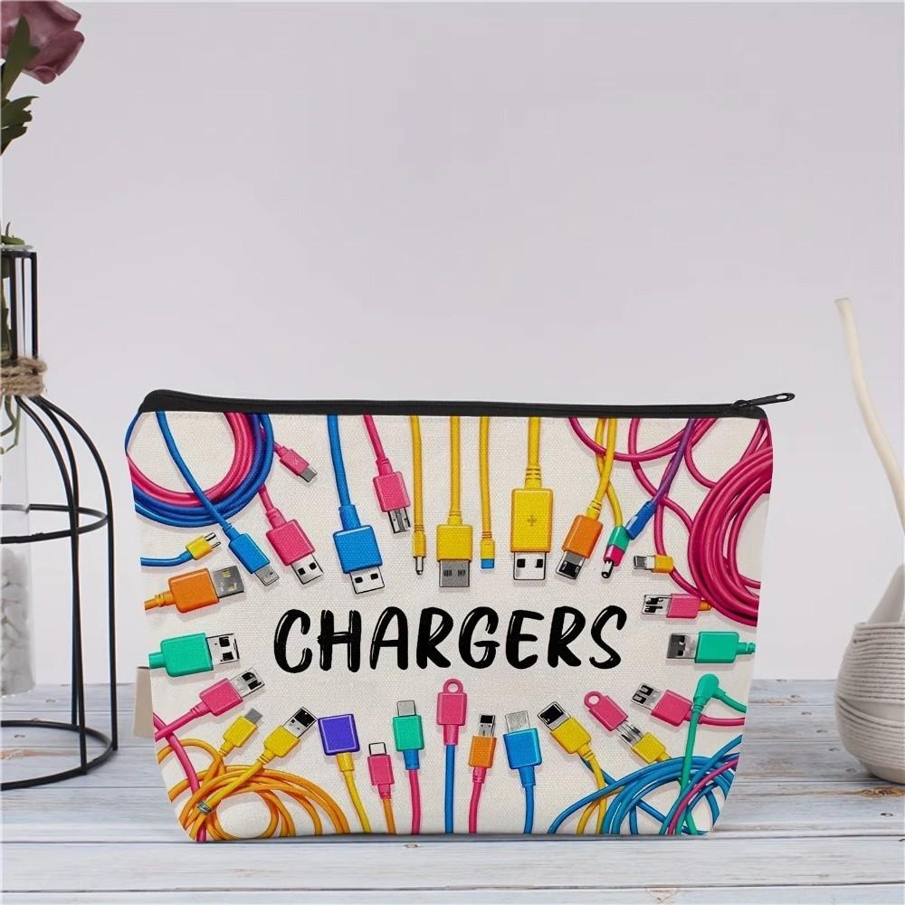 Canvas Charger Storage Pouch Zipper Closure Print Design Cable Organizer Bag Large Capacity Cosmetic Organizer for Office Desk