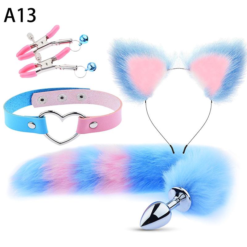 4Pcs Set Cute Fox Butt Tail Collar Anal Plug Nipple Clamp Soft Cat Ears Headbands Cosplay Adult Sex Toys Accessories