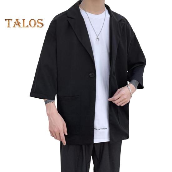 Men Suit Coat Solid Color Spring Summer Suit Jacket Single-Button Lapel Design 3/4 Sleeve Loose Fit Casual Business Outerwear