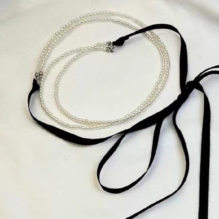 Chic Ribbon Necklace Pendant Necklace Double Layer Necklace Beads Necklaces