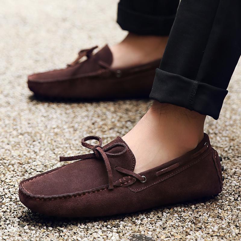 Blue Leather Suede Loafers Men Casual Shoes Moccasins Handmade Slip On Men's Flats Fashion Men Shoes Male Driving Shoes Size 48