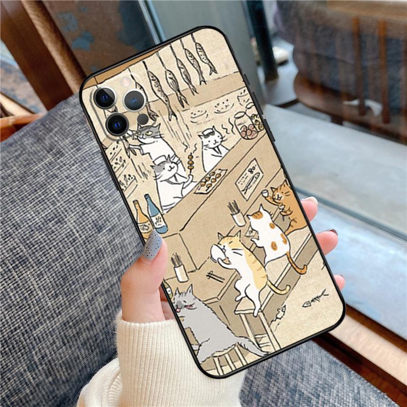 Japanese Cat Drink Pattern Case For iPhone 14 Plus 11 12 13 15 16 Pro Max Mini Plus XR X XS Max Back Cover