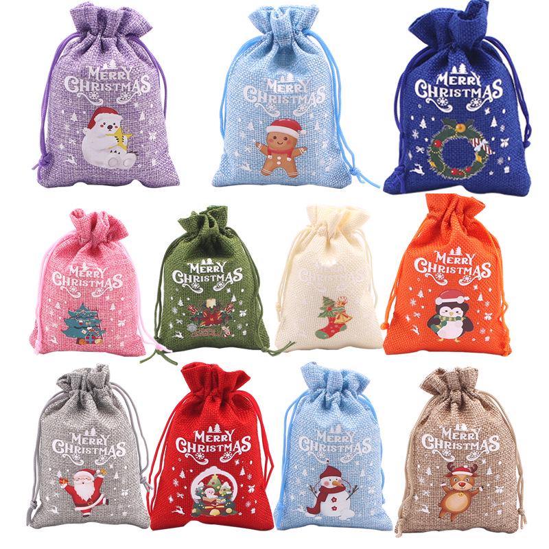 Jute-Style Christmas Gift Bag with Drawstring Closure - Small Candy & Apple Storage