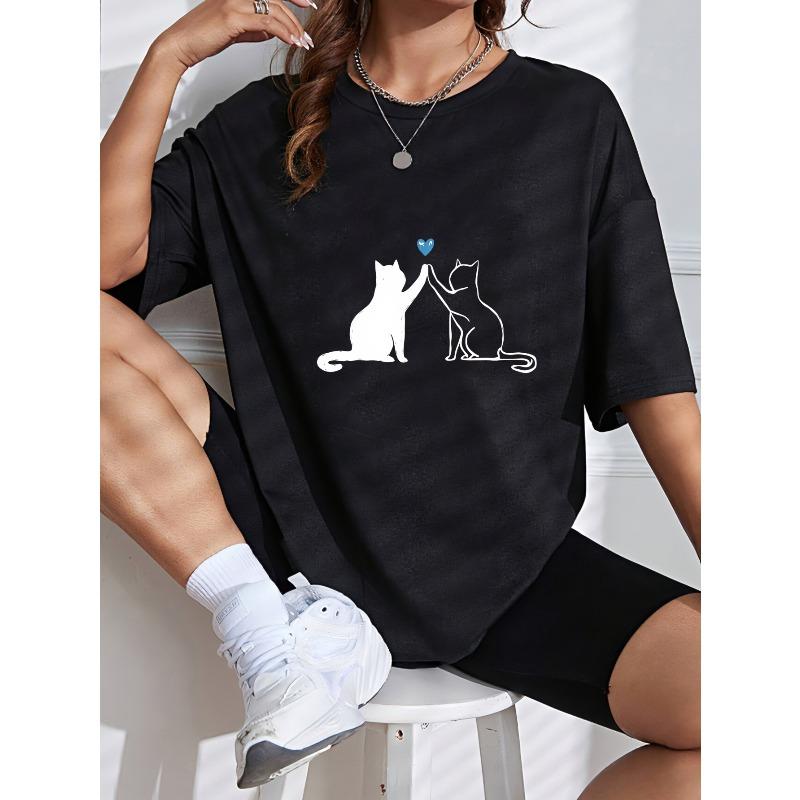 White T-Shirt With Cat And Blue Heart Print Casual Everyday Wear