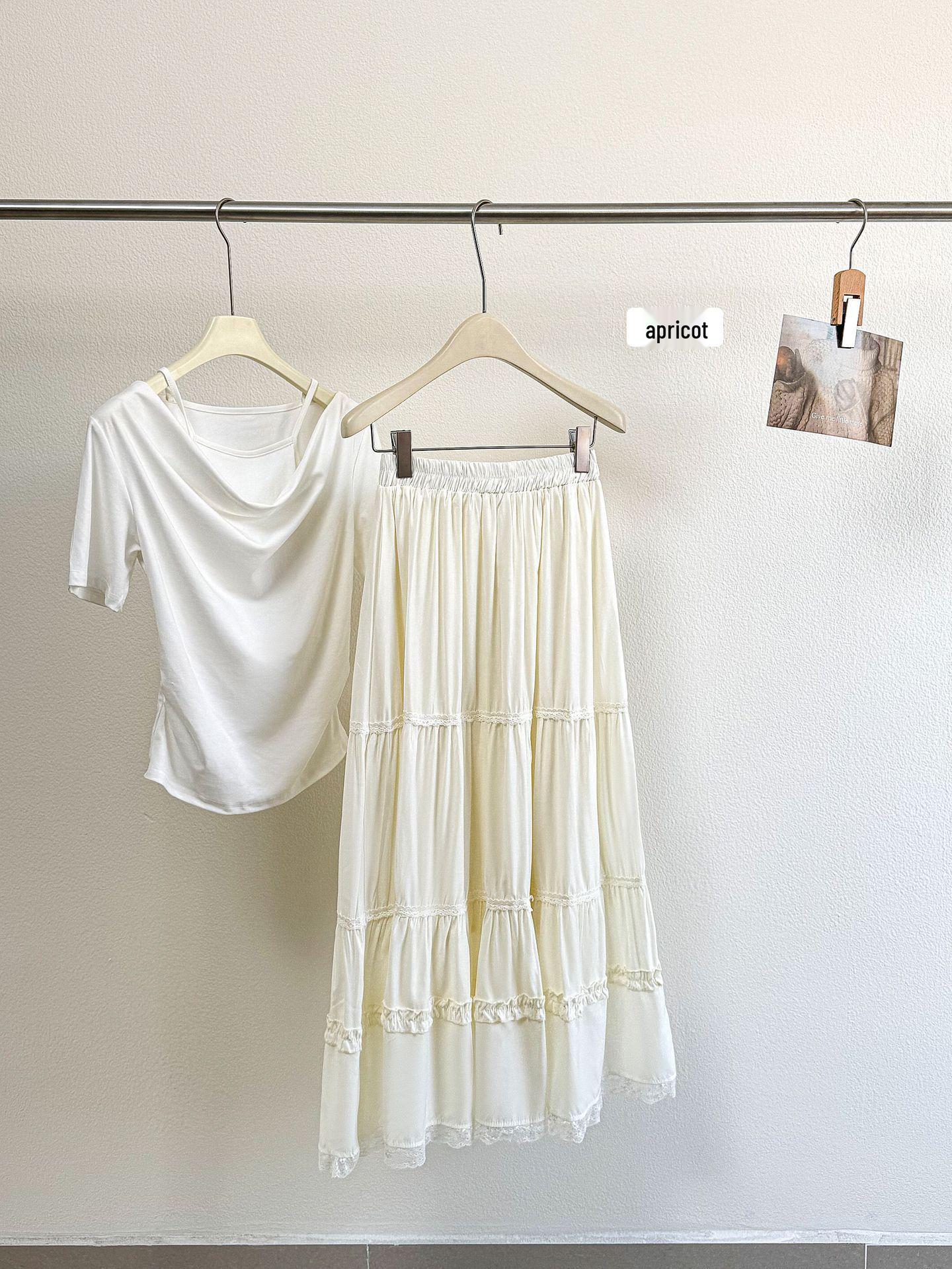 

2026 Spring/Summer A-Line Wood Ear Lace Trimmed Mid-Length Skirt with Flowy Layered Hem One Size абрикосовий