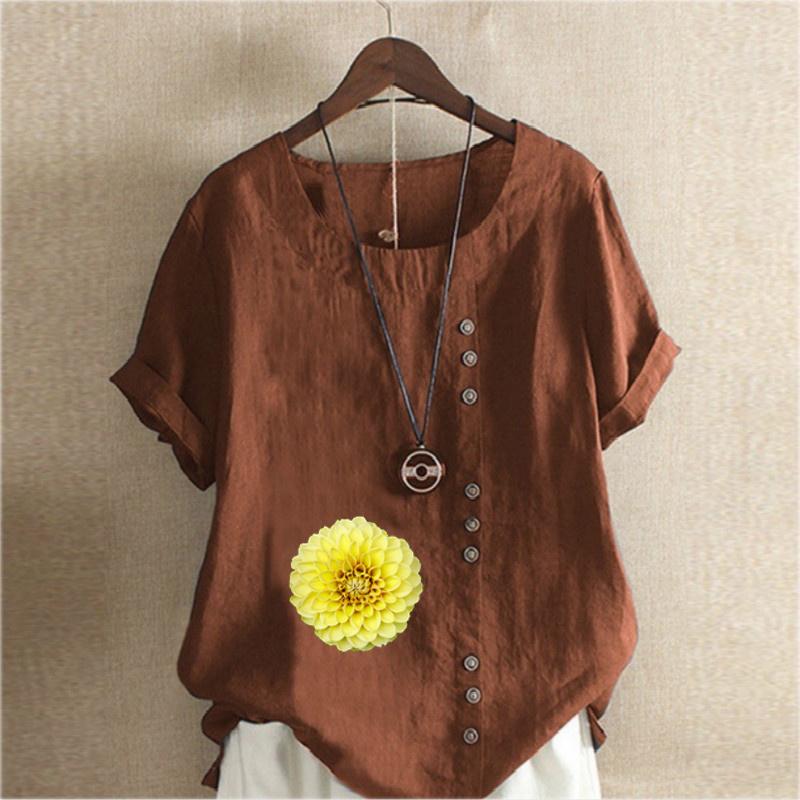 Women's Fashion Round Neck Short Sleeve T-shirt Casual Cotton Linen Graphic Shirt Leisure Loose Flower Prined Summer Blouse Tops