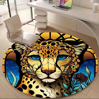 1PCCheetah StainedGlass Office Round Area Rug, Mat Suitable For Office, Under Office Chairs Bedroom Living Room Home Decor, Room Deco