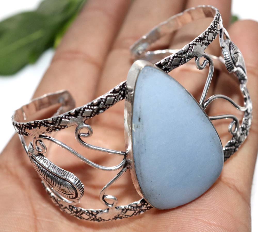 Huge Angelite 925 Silver Plated Bangle 6.5" Office Wear Jewelry Trendy w5g09