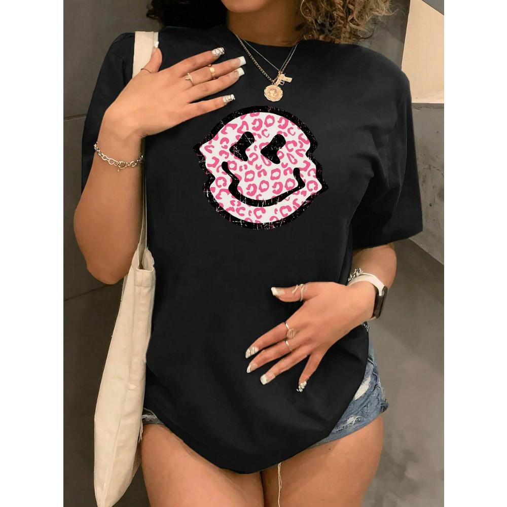 Women's Leopard Print Smiling Face Graphic Round Neck Short Sleeve T-Shirt