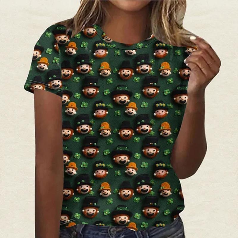 Summer Round Neck 3D St. Patrick's Day Print Top Fashionable Casual Short Sleeved Women's T-shirts