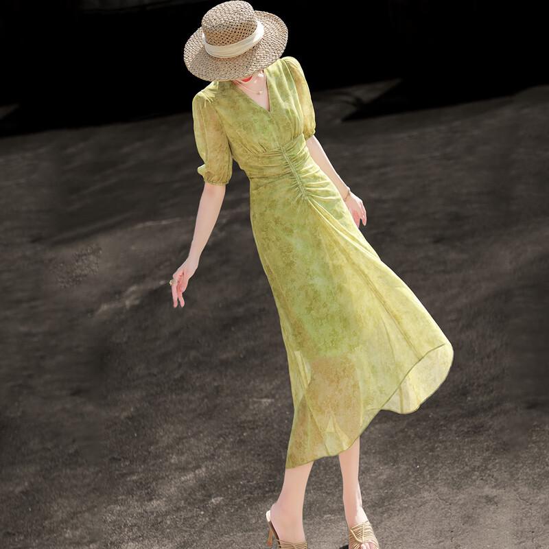 Lanser 2026 Summer French A-Line V-Neck Pleated Floral Dress S зелёный
