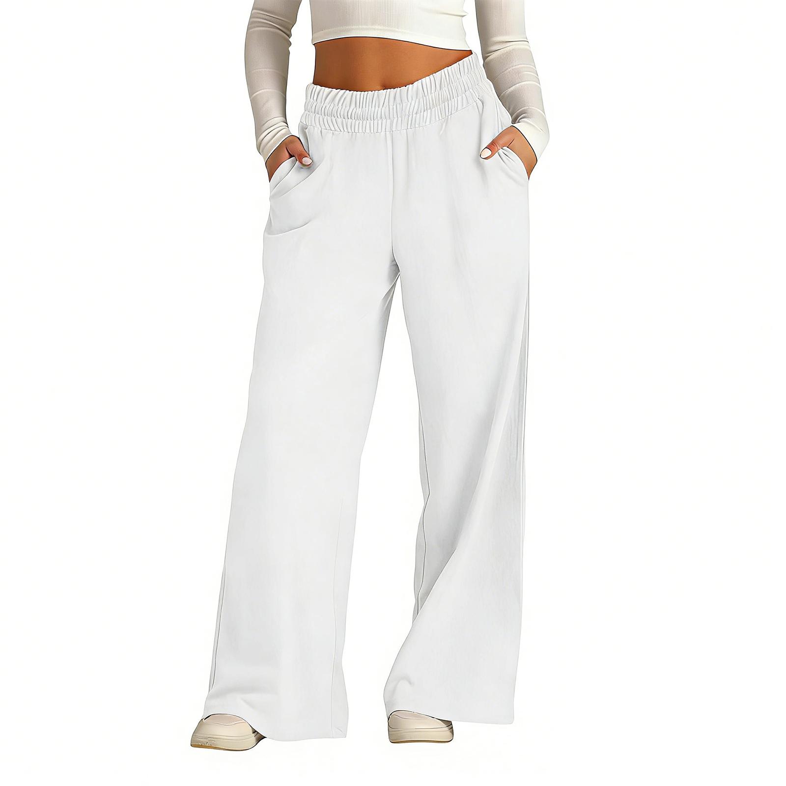 

Women’s Wide Leg Elastic Waist Casual Pants with Pockets Loose Fit High Waist Trousers for Everyday Wear XL білий