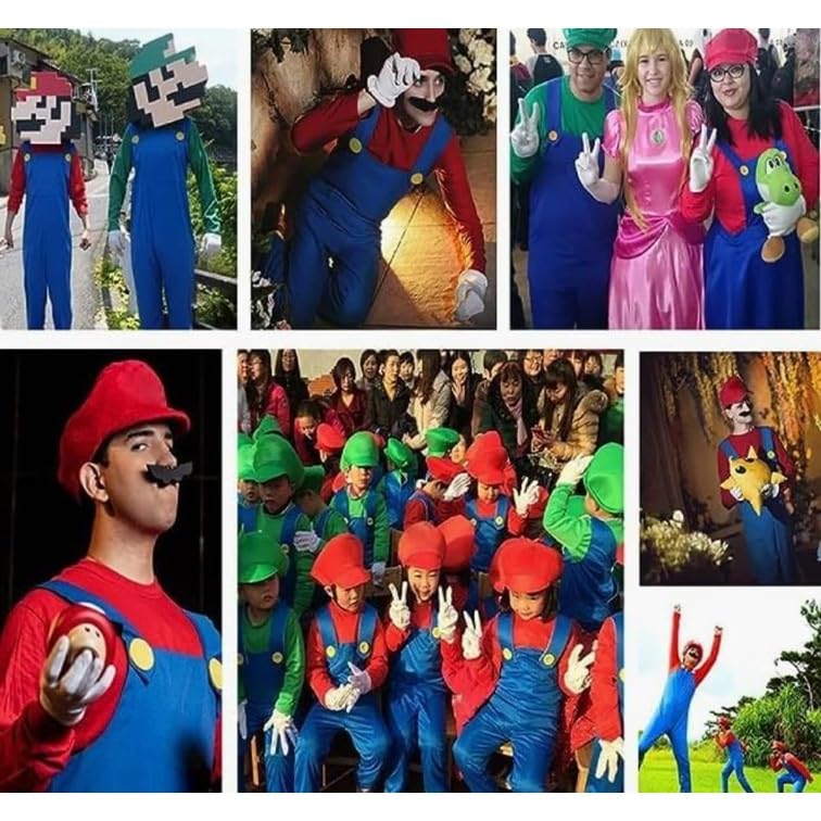 Mario Luigi Cosplay Costume Includes Hat and Perfect for Parties and Halloween Size M [COSYAMA] & 3-Piece Set, Women's, Adult, Parent-Child,