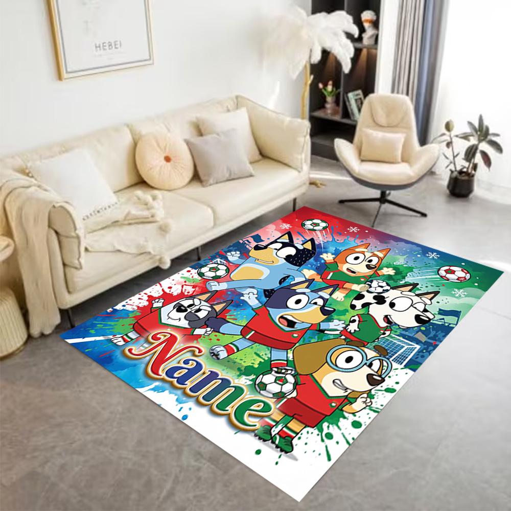 Bluey's Soccer Fun Customized Name Floor Mat Perfect for Study room Foyer Decorate room Playrooms Anti-slip Rug Decorate Offices