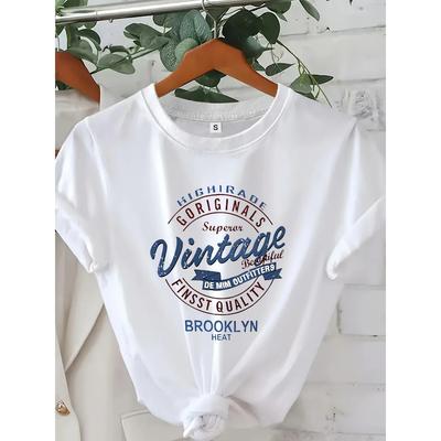 WomenS Classic White TShirt with  Vintage 100 Superior Quality Print  Casual Crew Neck Short Sleeve